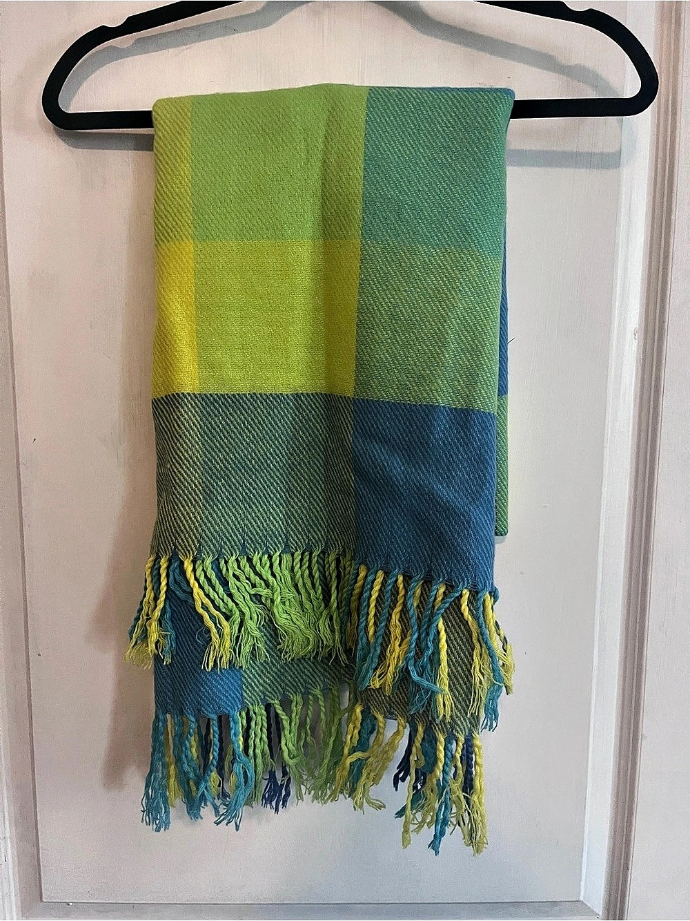 Plaid Fringe Scarf in Blue & Green New